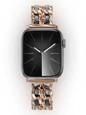 Apple Watch Bracelet Black Leather & Rose Gold Metal Chain Strap | cases 44-49mm